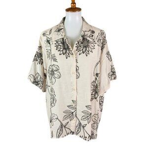 Klesis Floral Print Button Down Short Sleeve Shirt Blouse Black White Boho Large